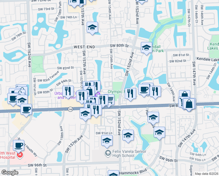 map of restaurants, bars, coffee shops, grocery stores, and more near 411 Southwest 154th Circle Court in Miami