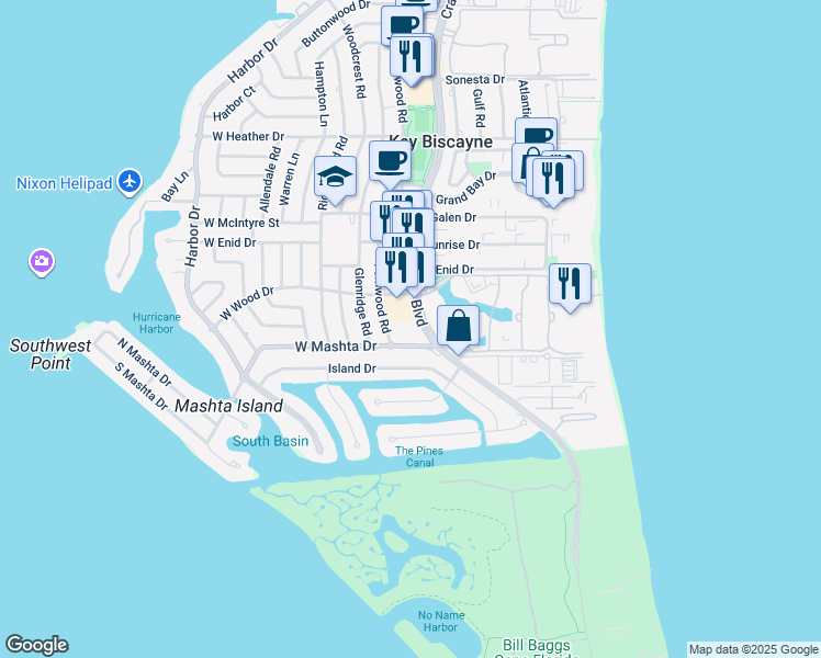 map of restaurants, bars, coffee shops, grocery stores, and more near 726 Crandon Boulevard in Key Biscayne