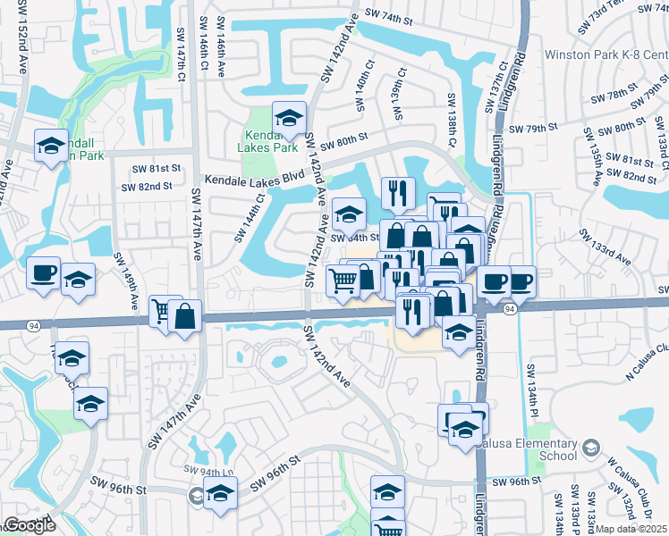 map of restaurants, bars, coffee shops, grocery stores, and more near 14180 Southwest 84th Street in Miami