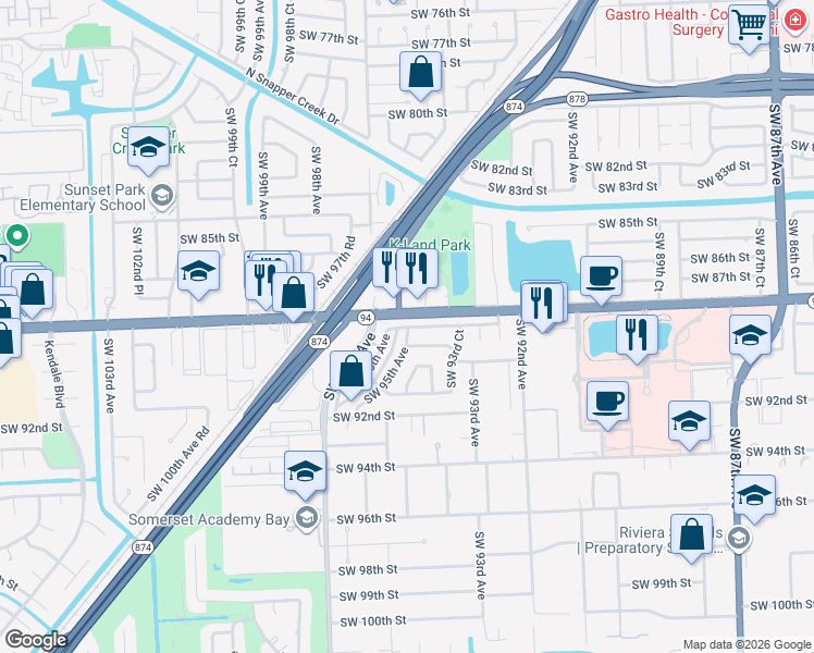 map of restaurants, bars, coffee shops, grocery stores, and more near 9590 Southwest 88th Street in Miami