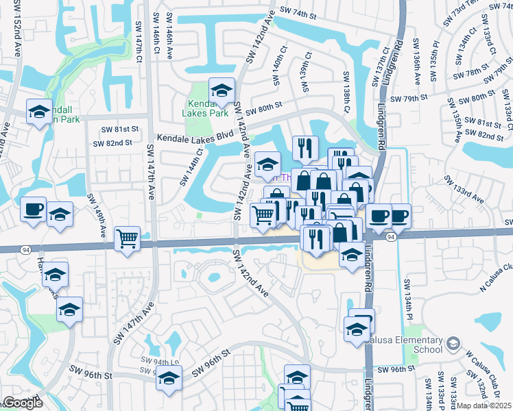 map of restaurants, bars, coffee shops, grocery stores, and more near 14180 Southwest 84th Street in Miami