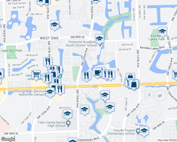 map of restaurants, bars, coffee shops, grocery stores, and more near 8320 Southwest 150th Avenue in Miami
