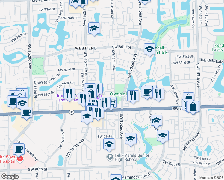 map of restaurants, bars, coffee shops, grocery stores, and more near 411 Southwest 154th Circle Court in Miami