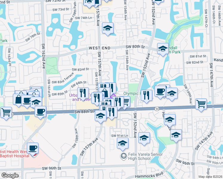 map of restaurants, bars, coffee shops, grocery stores, and more near 201 Southwest 156th Place in Miami