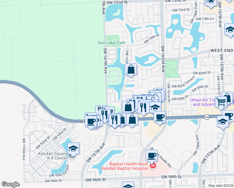map of restaurants, bars, coffee shops, grocery stores, and more near 16484 Southwest 84th Street in Miami