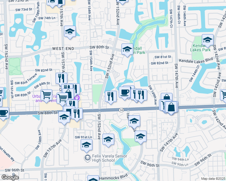 map of restaurants, bars, coffee shops, grocery stores, and more near 8320 Southwest 150th Avenue in Miami