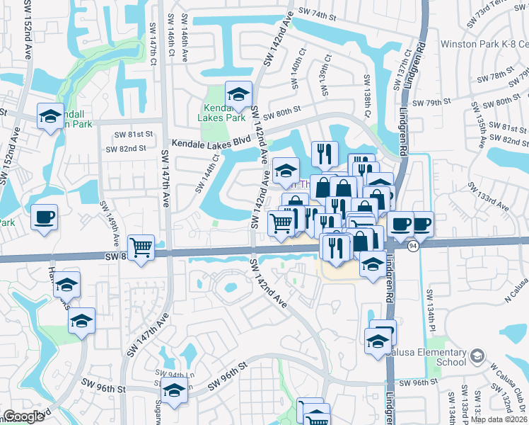 map of restaurants, bars, coffee shops, grocery stores, and more near 14170 Southwest 84th Street in Miami