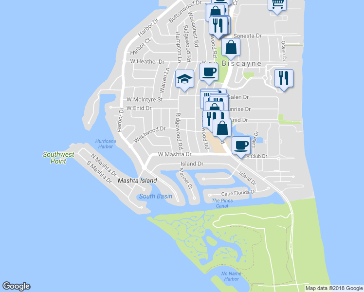 map of restaurants, bars, coffee shops, grocery stores, and more near 773 Ridgewood Road in Key Biscayne