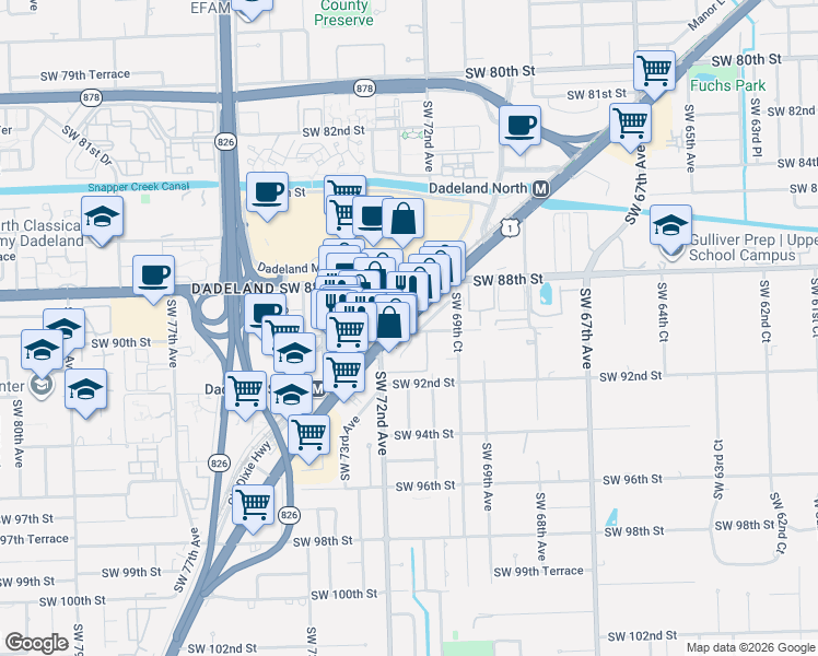 map of restaurants, bars, coffee shops, grocery stores, and more near 8975 South Dixie Highway in Miami