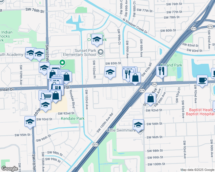 map of restaurants, bars, coffee shops, grocery stores, and more near 10045 North Kendall Drive in Miami