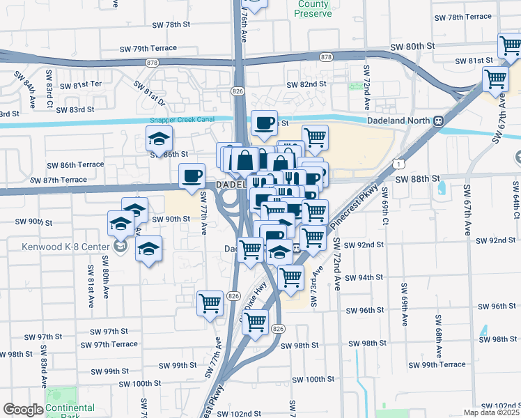 map of restaurants, bars, coffee shops, grocery stores, and more near 8350 Southwest 74th Court in Kendall
