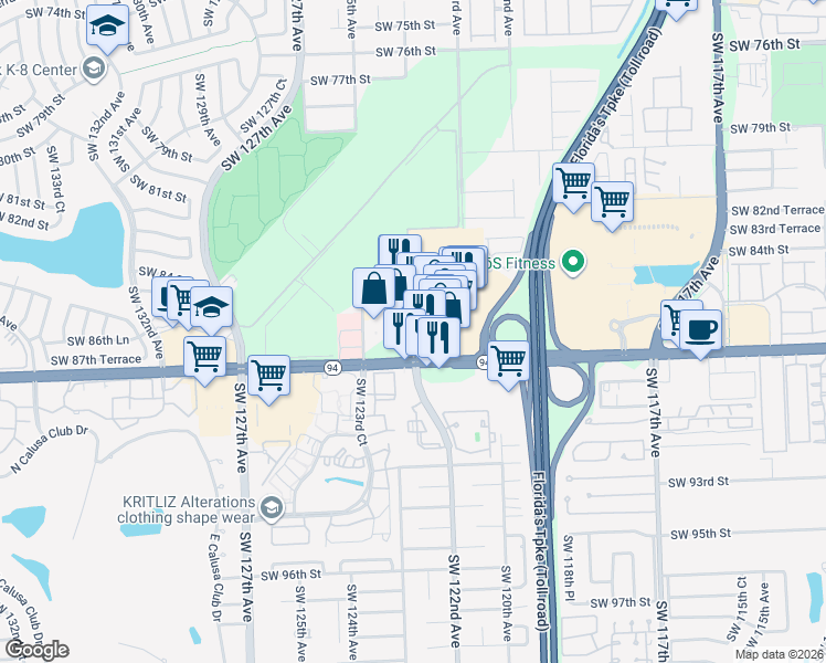 map of restaurants, bars, coffee shops, grocery stores, and more near 12405 Florida 94 in Miami