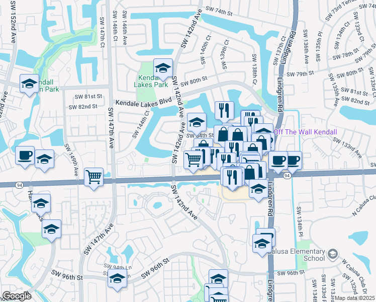 map of restaurants, bars, coffee shops, grocery stores, and more near 14150 Southwest 84th Street in Miami