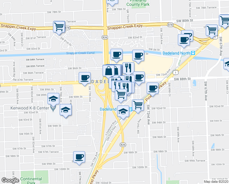 map of restaurants, bars, coffee shops, grocery stores, and more near 8350 Southwest 74th Court in Kendall