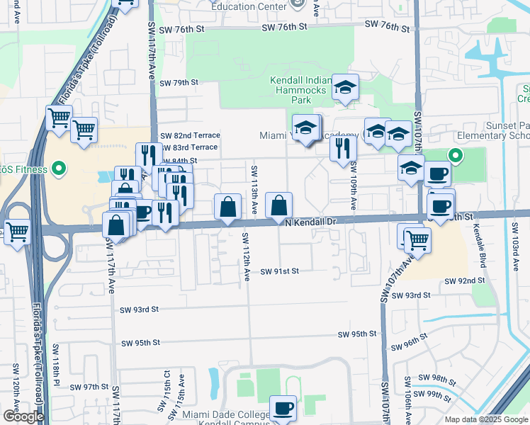 map of restaurants, bars, coffee shops, grocery stores, and more near 8675 Southwest 113th Avenue in Miami