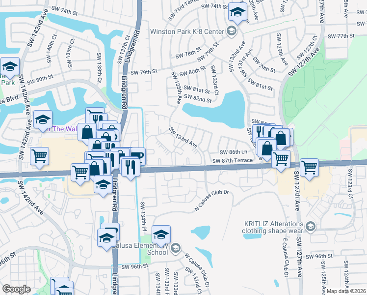 map of restaurants, bars, coffee shops, grocery stores, and more near 13244 Southwest 85th Lane in Miami