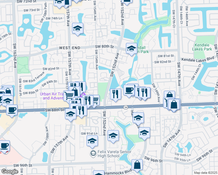 map of restaurants, bars, coffee shops, grocery stores, and more near 8394 Southwest 152nd Avenue Circle in Miami