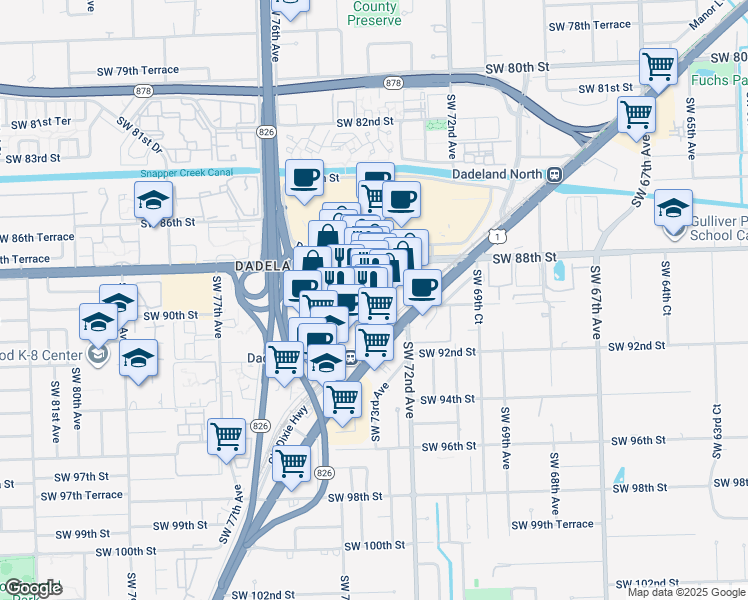map of restaurants, bars, coffee shops, grocery stores, and more near 8905 Dadeland Boulevard in Kendall