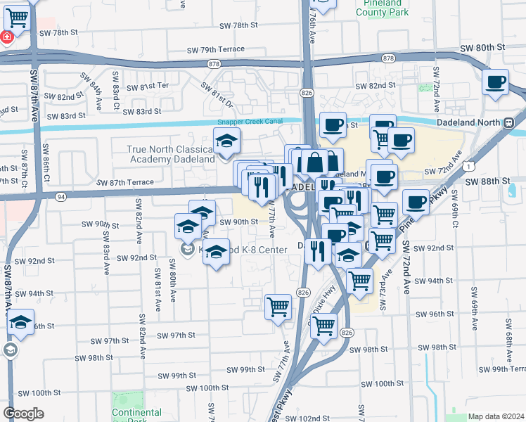 map of restaurants, bars, coffee shops, grocery stores, and more near 7700 North Kendall Drive in Miami