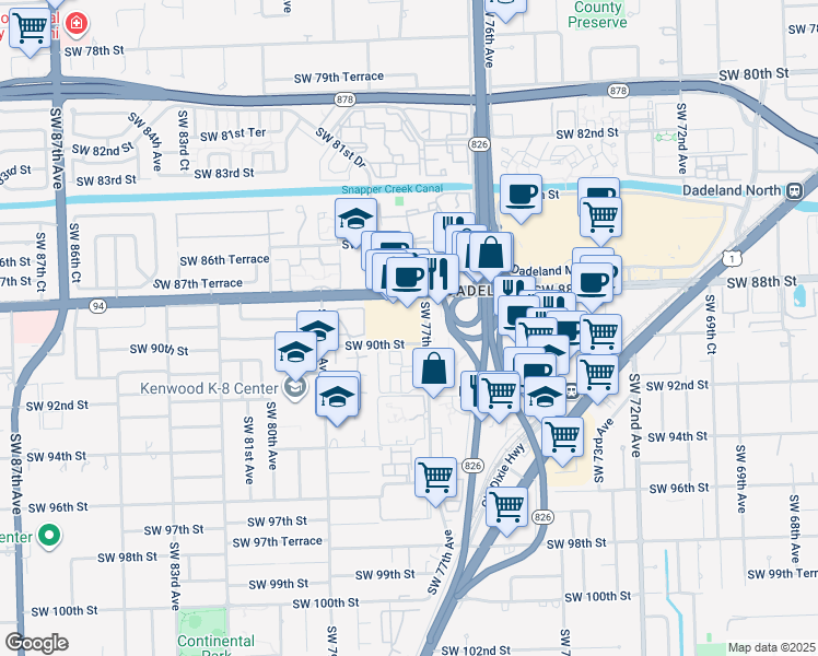 map of restaurants, bars, coffee shops, grocery stores, and more near 9990 Southwest 77th Avenue in Miami