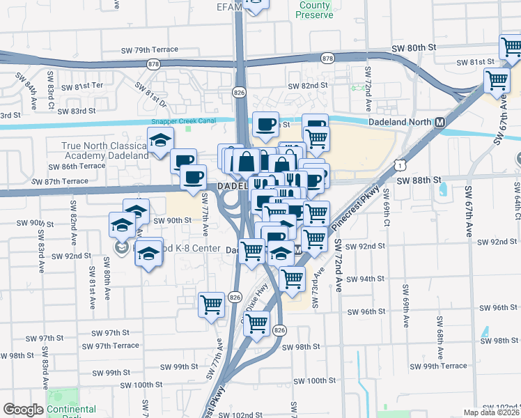 map of restaurants, bars, coffee shops, grocery stores, and more near 8350 Southwest 74th Court in Kendall