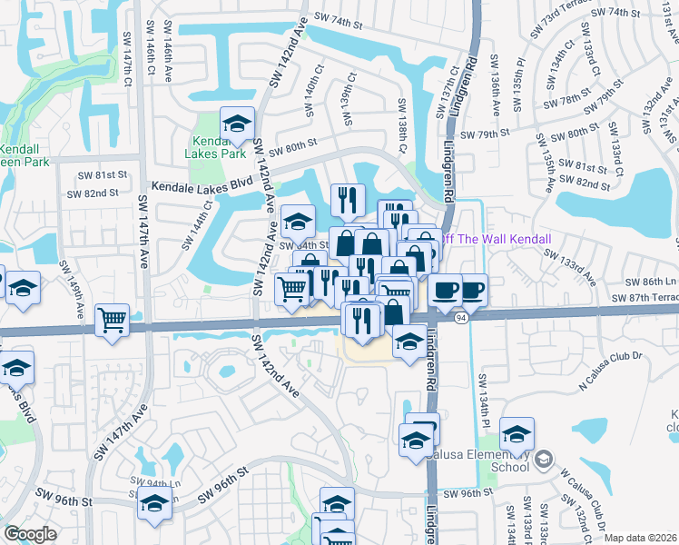 map of restaurants, bars, coffee shops, grocery stores, and more near 14055 Southwest 88th Street in Miami