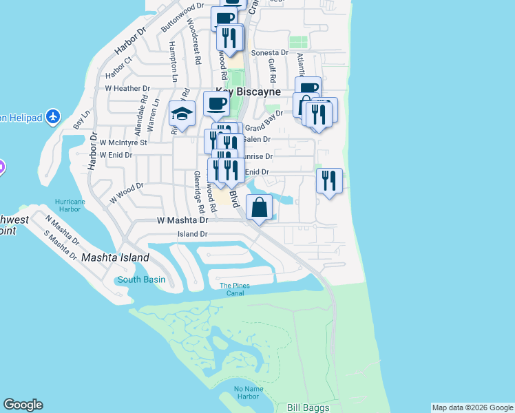 map of restaurants, bars, coffee shops, grocery stores, and more near 721 Crandon Boulevard in Key Biscayne