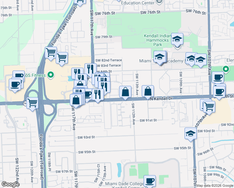 map of restaurants, bars, coffee shops, grocery stores, and more near 11438 Southwest 86th Lane in Miami