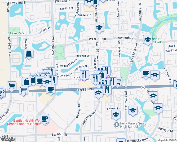 map of restaurants, bars, coffee shops, grocery stores, and more near 15801 Southwest 85th Street in Miami
