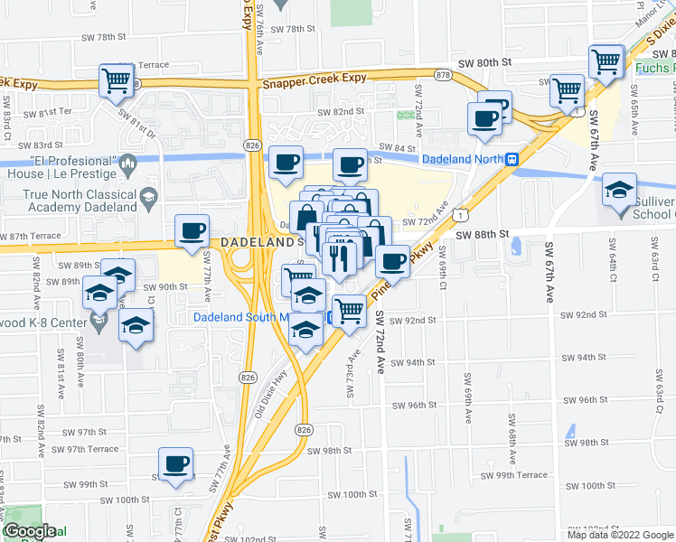 map of restaurants, bars, coffee shops, grocery stores, and more near 8905 Dadeland Boulevard in Kendall
