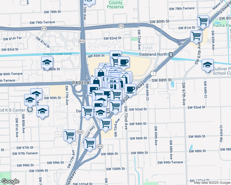 map of restaurants, bars, coffee shops, grocery stores, and more near 8905 Dadeland Boulevard in Kendall