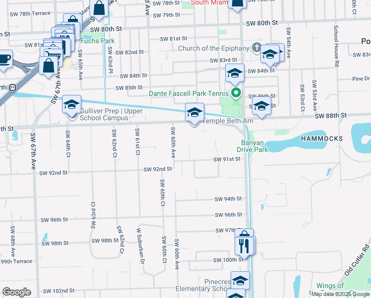map of restaurants, bars, coffee shops, grocery stores, and more near 9026 Southwest 59th Court in Pinecrest