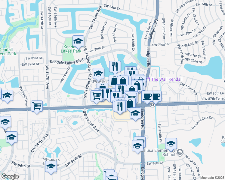 map of restaurants, bars, coffee shops, grocery stores, and more near 14055 Southwest 88th Street in Miami