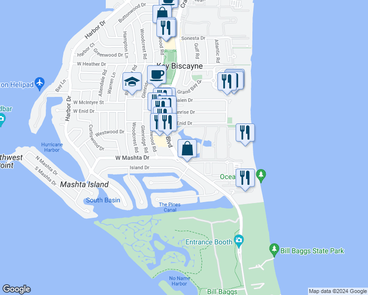 map of restaurants, bars, coffee shops, grocery stores, and more near 737 Crandon Boulevard in Key Biscayne