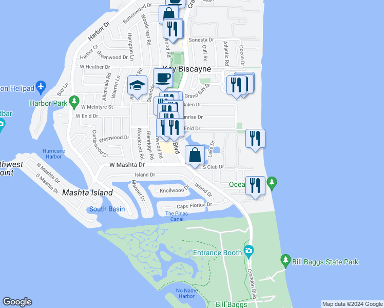 map of restaurants, bars, coffee shops, grocery stores, and more near 721 Crandon Boulevard in Key Biscayne