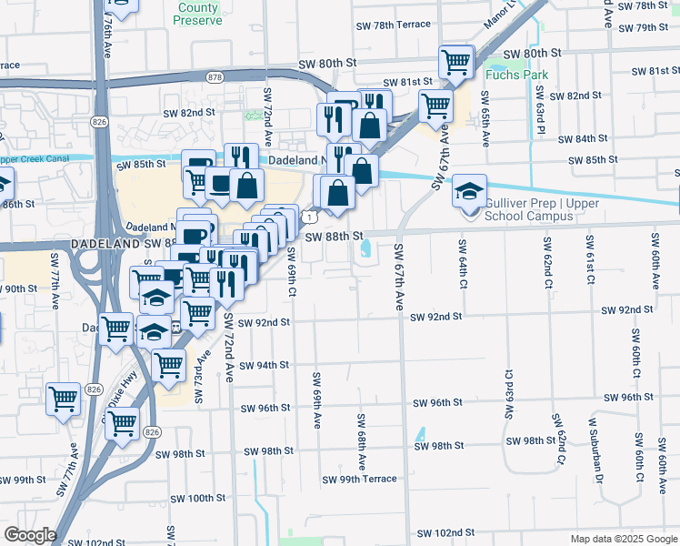 map of restaurants, bars, coffee shops, grocery stores, and more near 6841 Southwest 89th Terrace in Miami