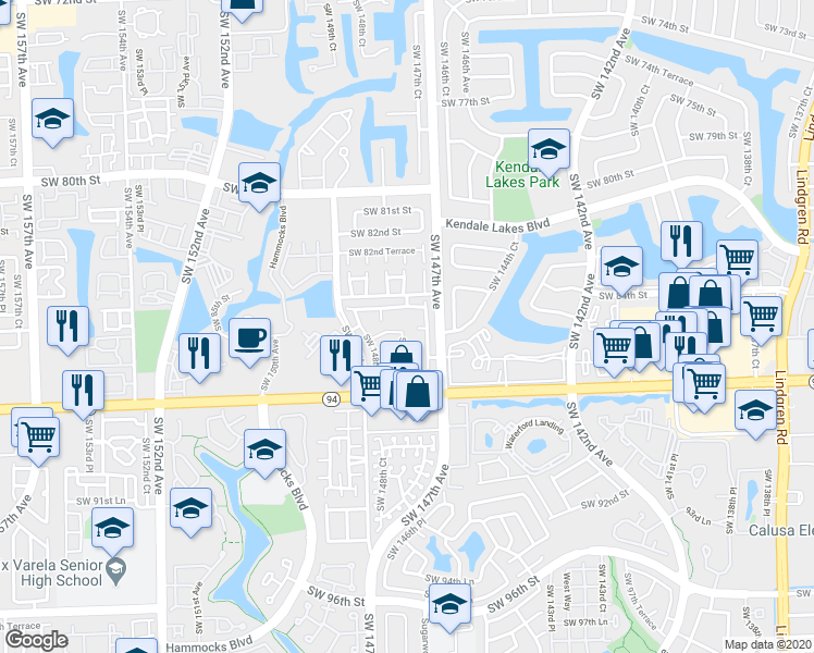map of restaurants, bars, coffee shops, grocery stores, and more near 8431 Southwest 147th Place in Miami