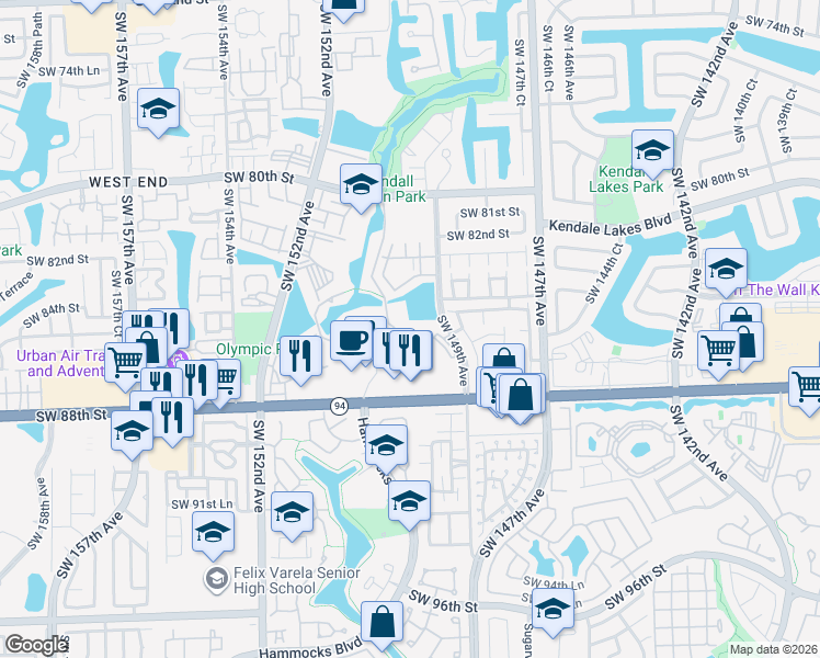 map of restaurants, bars, coffee shops, grocery stores, and more near 8465 Hammocks Boulevard in Miami