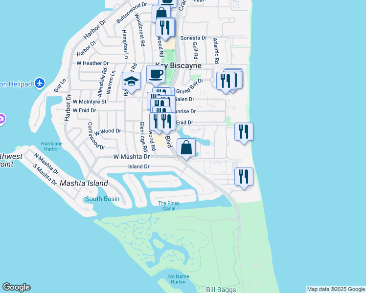 map of restaurants, bars, coffee shops, grocery stores, and more near 733 Crandon Boulevard in Key Biscayne