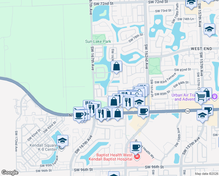map of restaurants, bars, coffee shops, grocery stores, and more near 16484 Southwest 84th Street in Miami