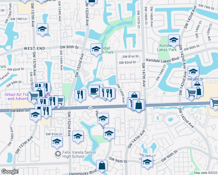 map of restaurants, bars, coffee shops, grocery stores, and more near 8465 Hammocks Boulevard in Miami