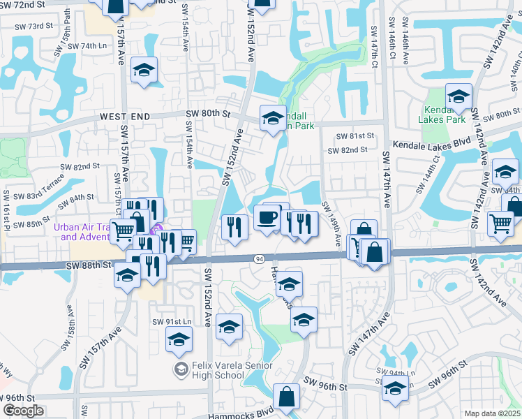 map of restaurants, bars, coffee shops, grocery stores, and more near 8410 Southwest 150th Avenue in Miami