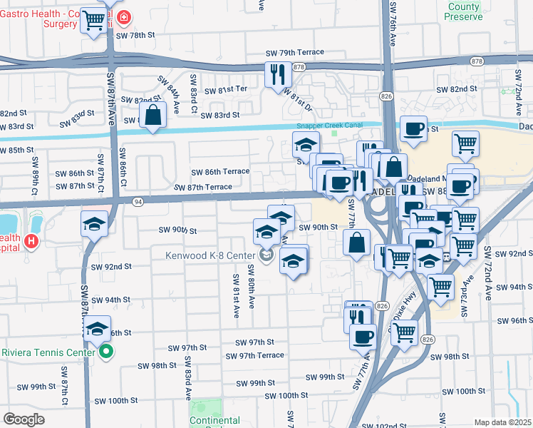 map of restaurants, bars, coffee shops, grocery stores, and more near 7942 Southwest 89th Street in Miami