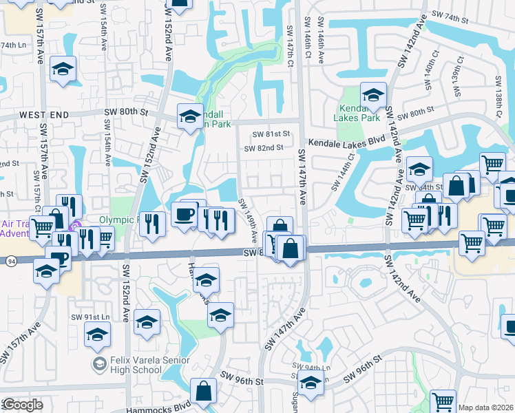 map of restaurants, bars, coffee shops, grocery stores, and more near 8441 Southwest 148th Place in Miami