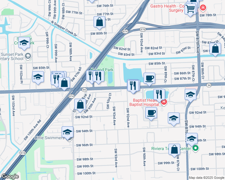 map of restaurants, bars, coffee shops, grocery stores, and more near 9311 Southwest 88th Terrace in Miami