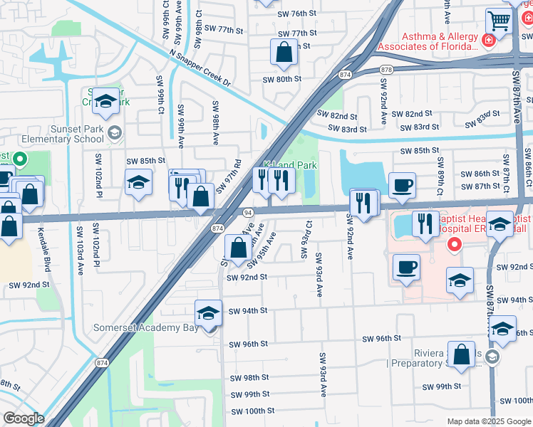 map of restaurants, bars, coffee shops, grocery stores, and more near 9590 Southwest 88th Street in Miami