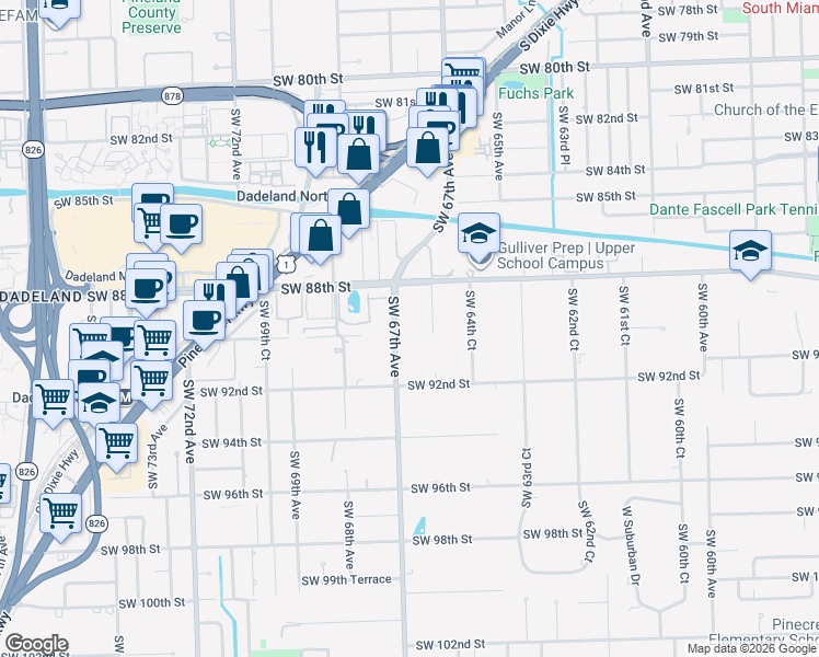 map of restaurants, bars, coffee shops, grocery stores, and more near 8925 Southwest 67th Avenue in Pinecrest