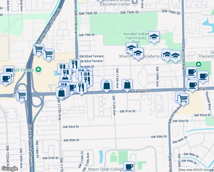 map of restaurants, bars, coffee shops, grocery stores, and more near 11375 Southwest 87th Terrace in Miami