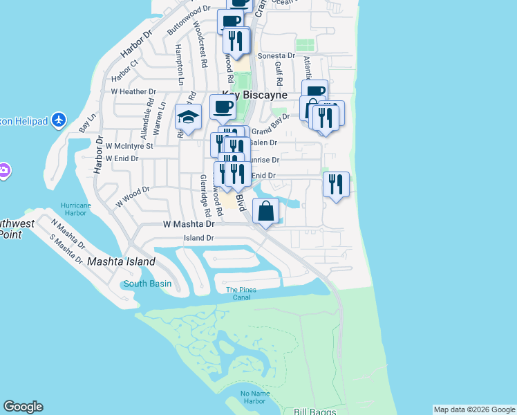 map of restaurants, bars, coffee shops, grocery stores, and more near 721 Crandon Boulevard in Key Biscayne