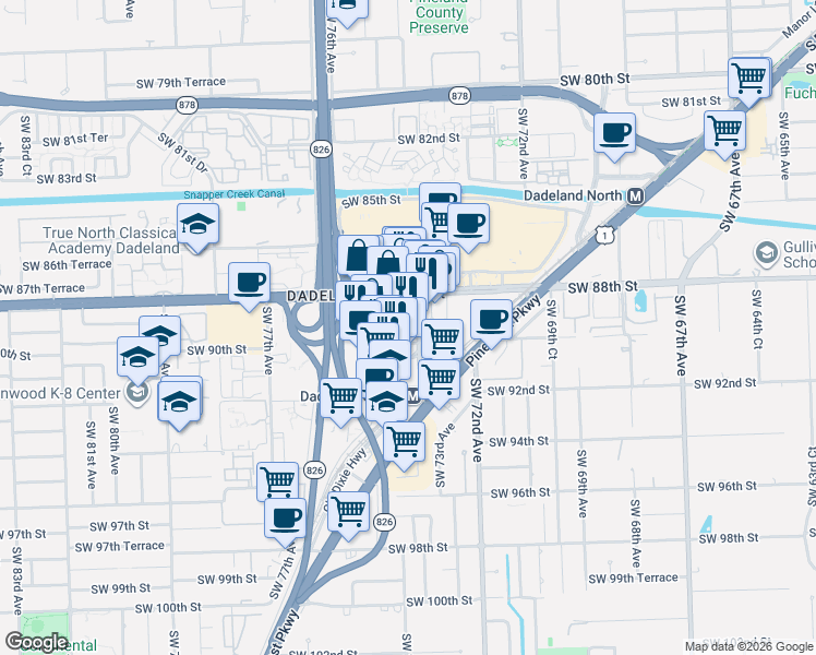 map of restaurants, bars, coffee shops, grocery stores, and more near 7300 North Kendall Drive in Miami